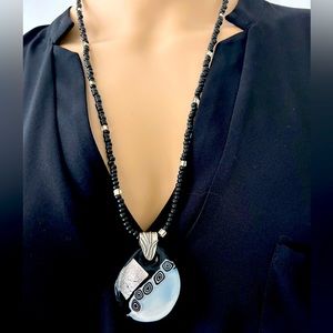 Handmade Black Glass Beaded Necklace with  Murano Glass Pendant